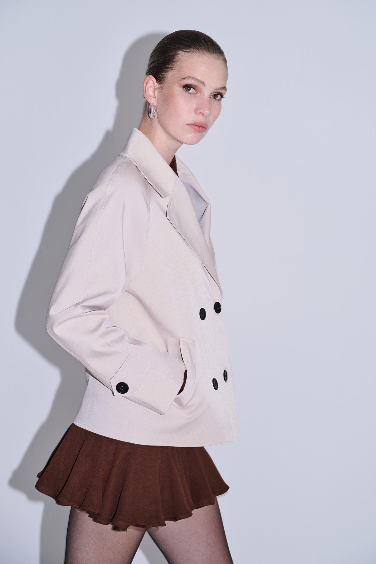 Slim Fit Cachet Sarah Cotton Blend Beige Long Coat - SAYKI