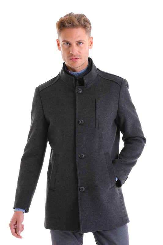 Dark gray woolen overcoat with a stand-up collar and front button closure.