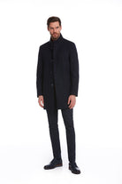 Slim Fit Cachet Stand Collar Navy Wool Blend Overcoat