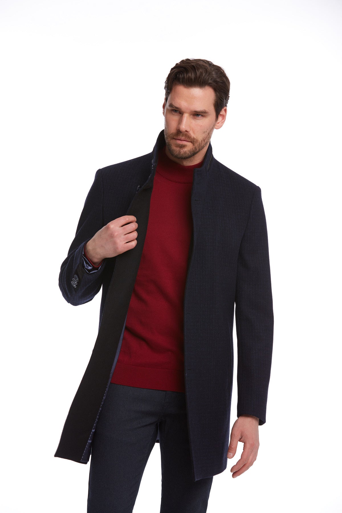 Slim Fit Cachet Stand Collar Navy Wool Blend Overcoat – SAYKI