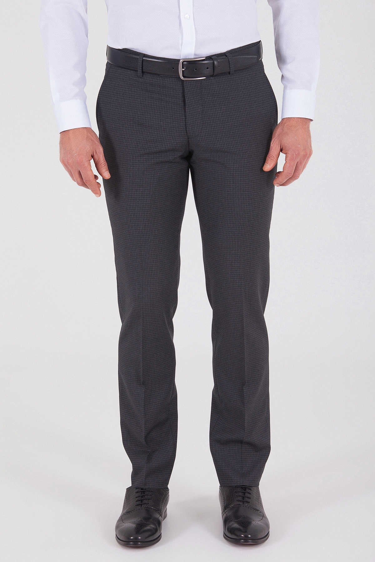 Dark gray men’s dress pants with a subtle herringbone weave pattern.
