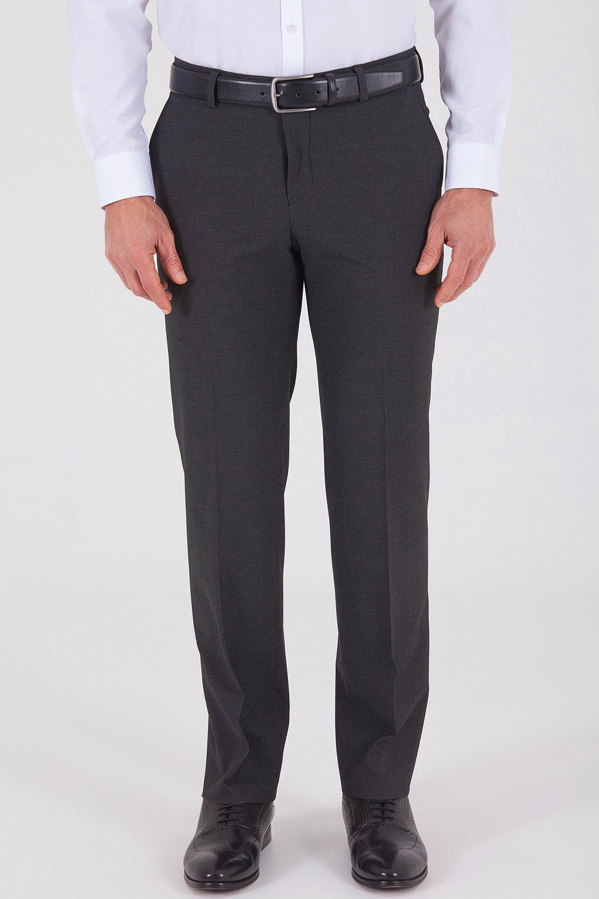 Black formal trousers with a sleek, straight-leg cut and subtle creasing along the front.