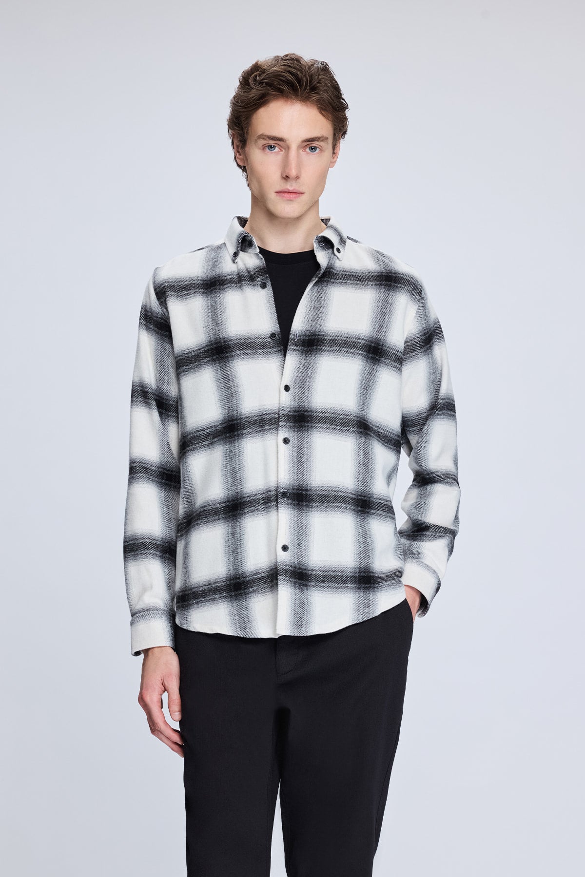 Slim Fit Check Plaid Cotton Blend Black Casual Shirt - SAYKI