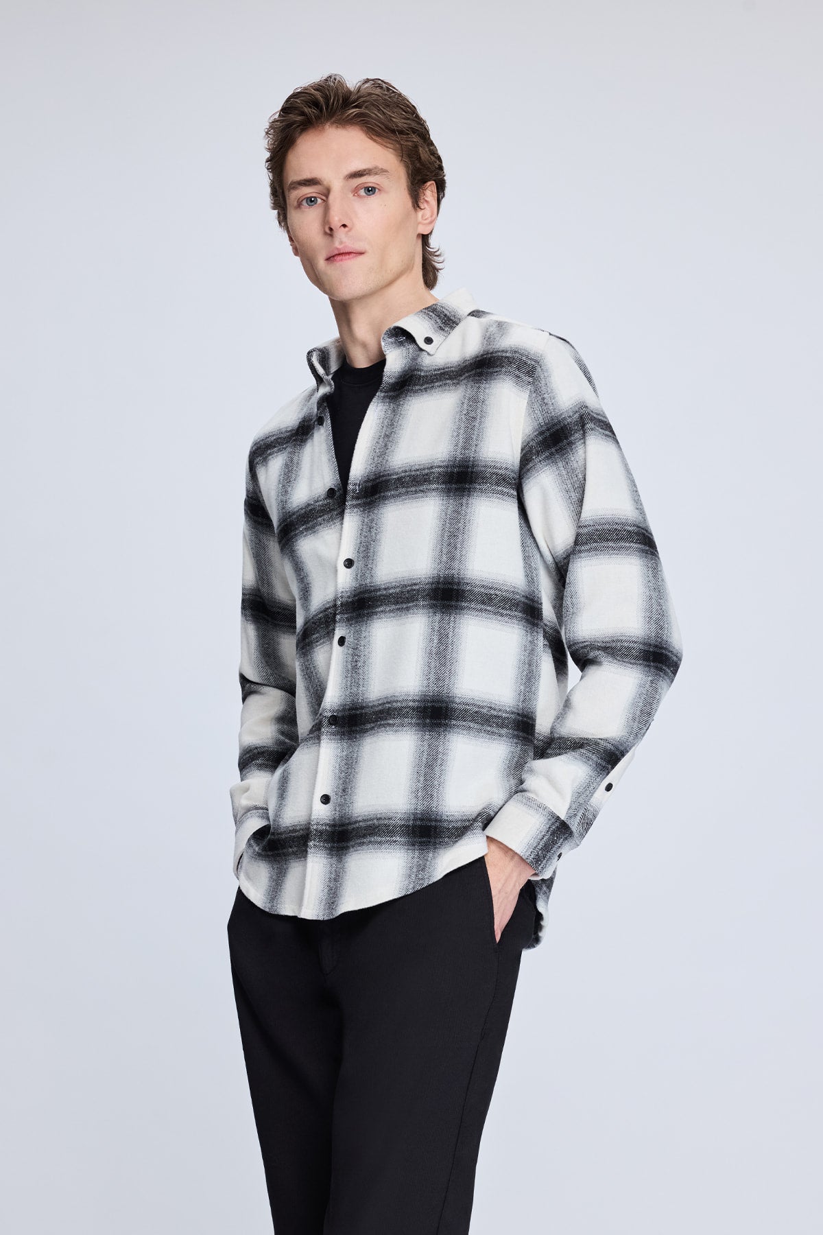 Slim Fit Check Plaid Cotton Blend Black Casual Shirt - SAYKI