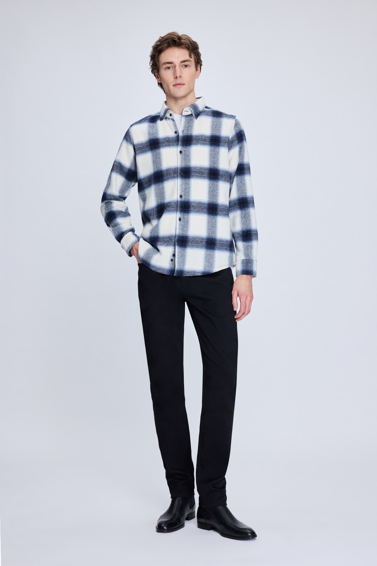 Slim Fit Check Plaid Cotton Blend Navy Casual Shirt - SAYKI