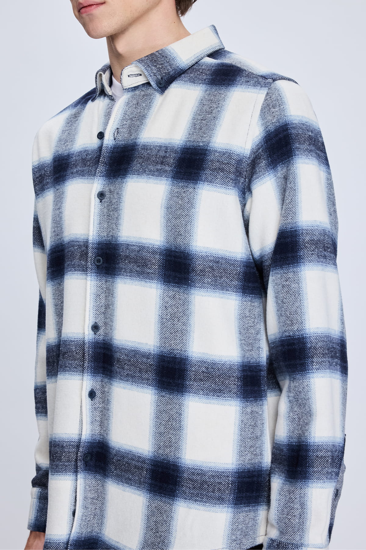 Slim Fit Check Plaid Cotton Blend Navy Casual Shirt - SAYKI