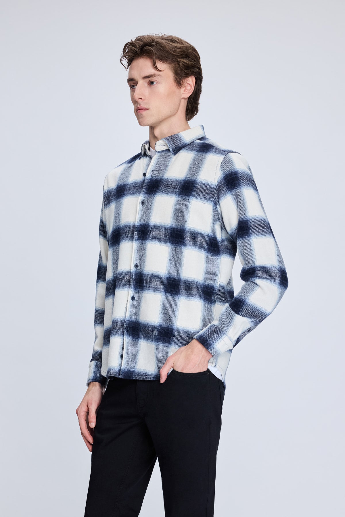 Slim Fit Check Plaid Cotton Blend Navy Casual Shirt - SAYKI