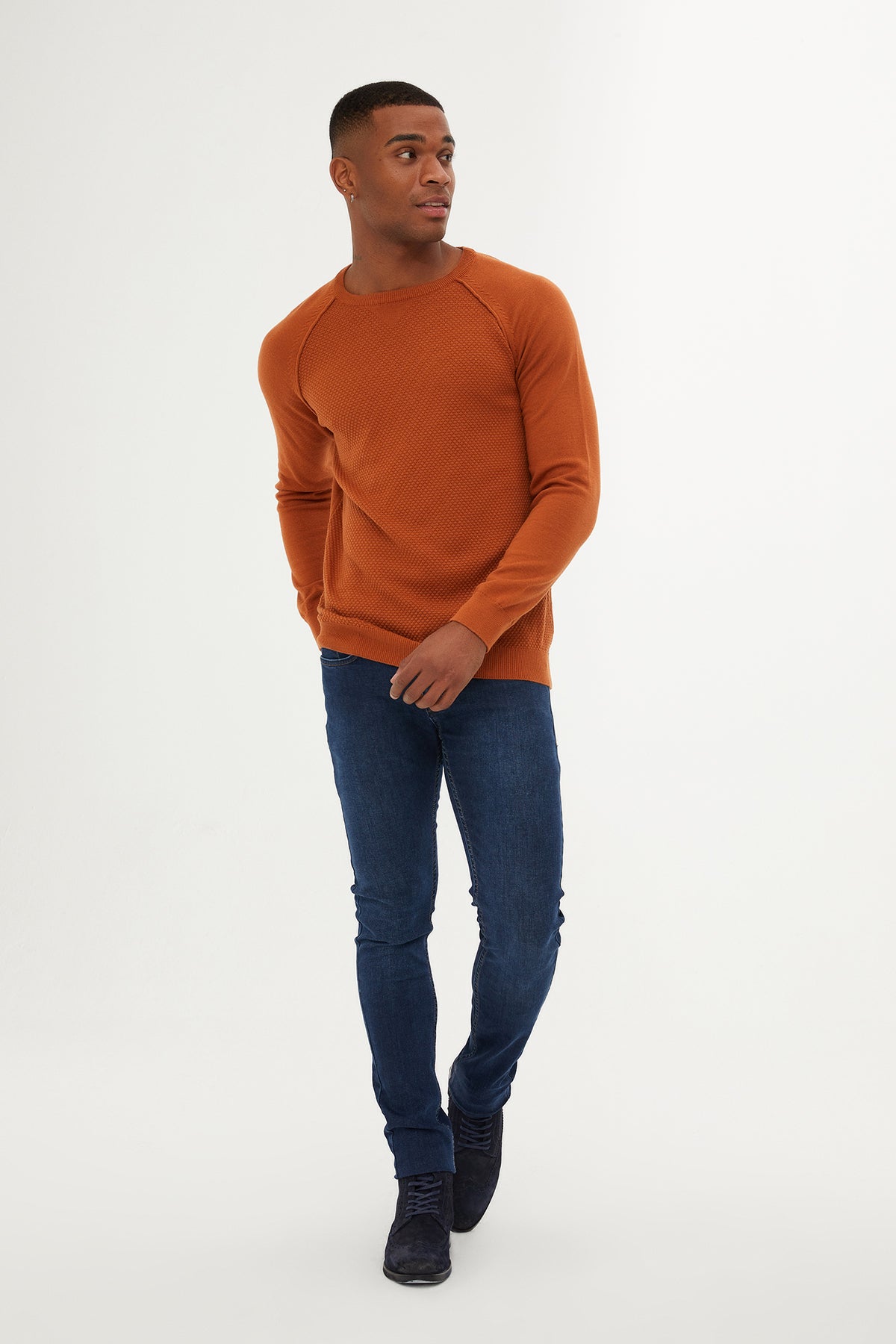 Slim Fit Cinnamon Cotton Blend Crewneck Sweater - SAYKI