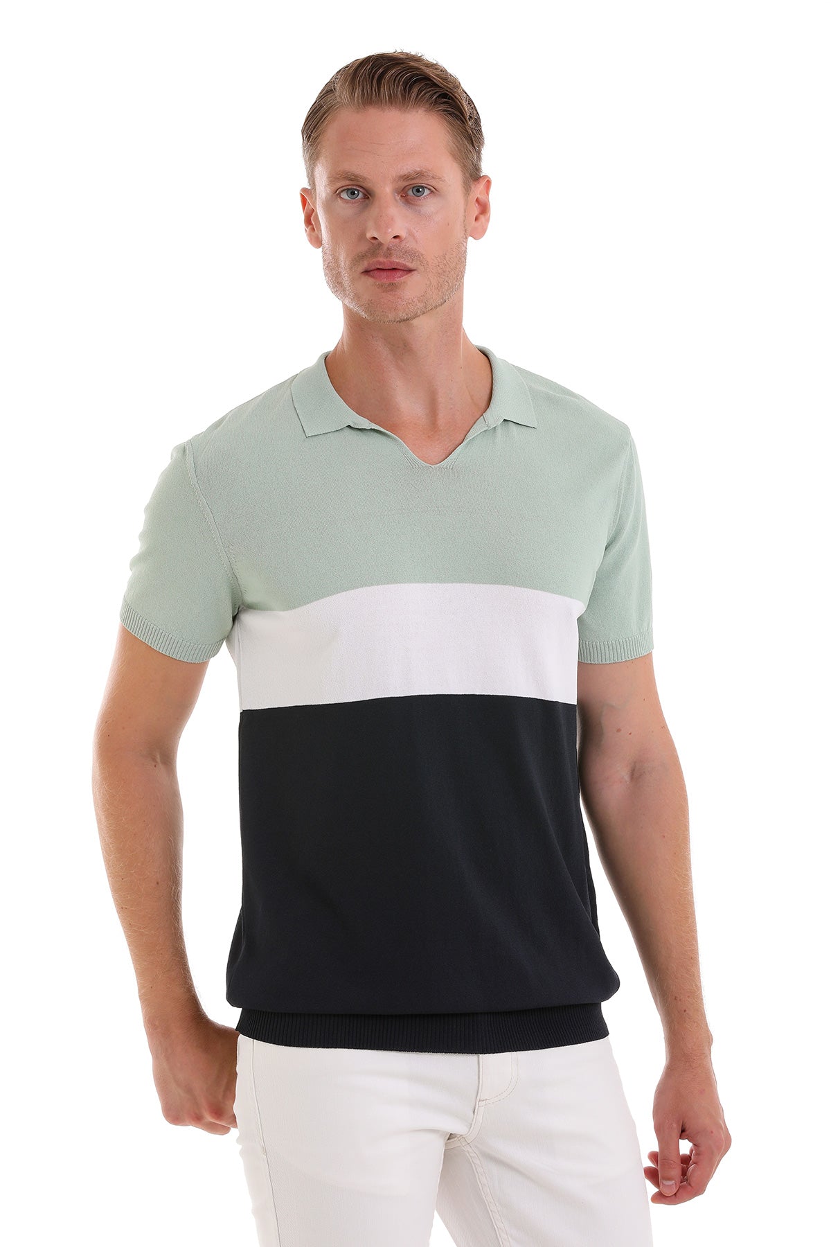 A men’s short-sleeved polo shirt with a light mint green upper section, a white horizontal stripe across the midsection, and a solid black lower portion.