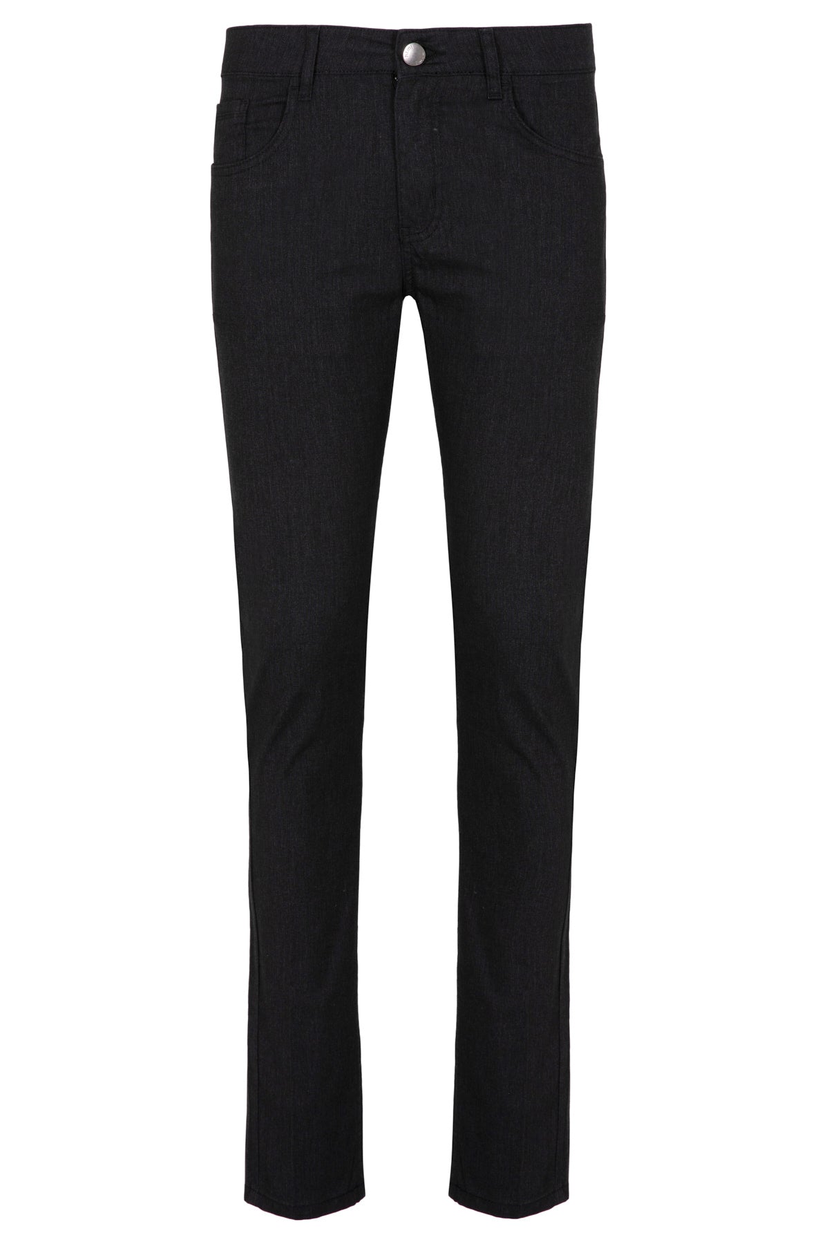Black slim-fit trousers with a silver button at the waistband.