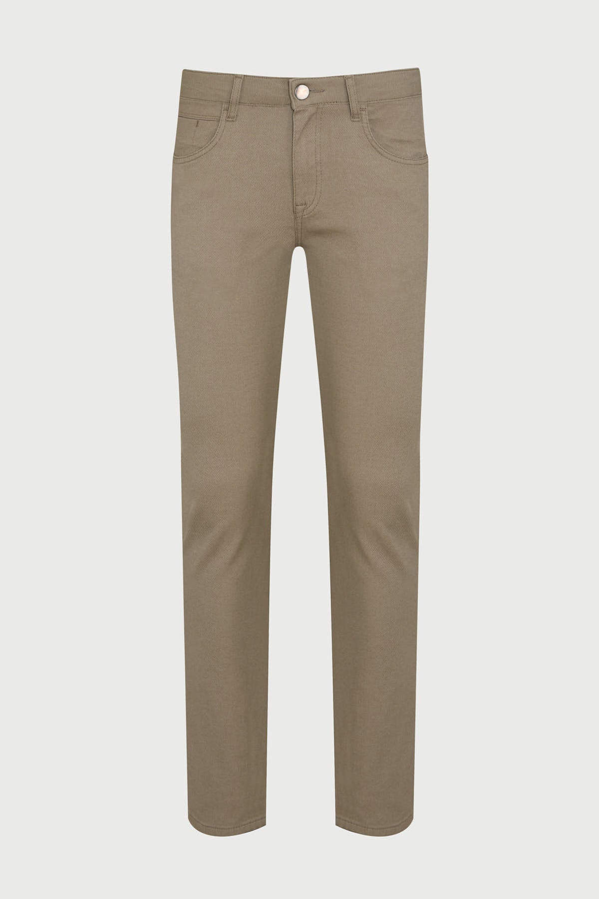 Khaki-colored, slim-fit chino pants with a classic five-pocket design and button closure.