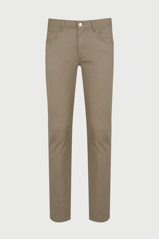 Khaki-colored, slim-fit chino pants with a classic five-pocket design and button closure.