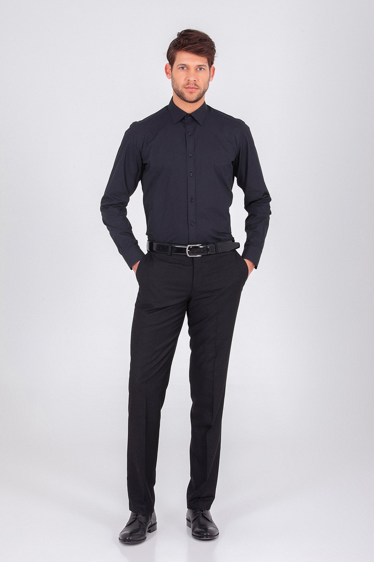 Slim Fit Cotton Black Dress Shirt - SAYKI