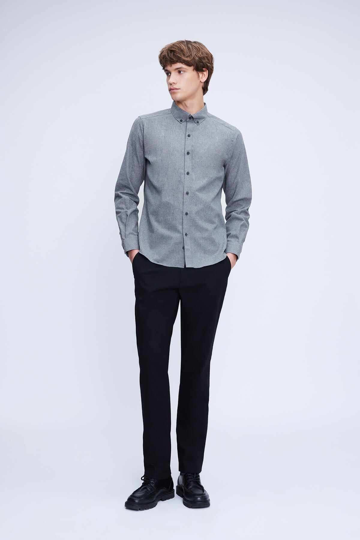 Slim Fit Cotton Blend Gray Casual Shirt - SAYKI