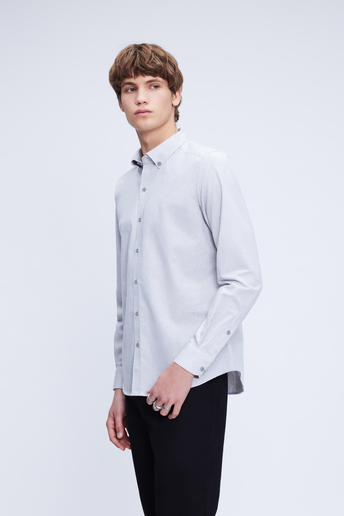 Slim Fit Cotton Blend Light Gray Casual Shirt - SAYKI