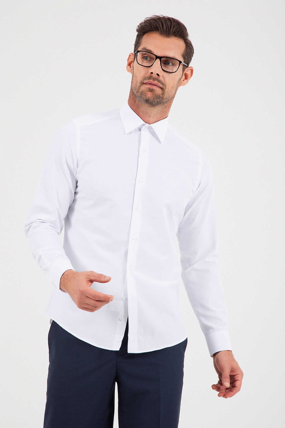 Slim Fit Cotton Blend White Dress Shirt - SAYKI