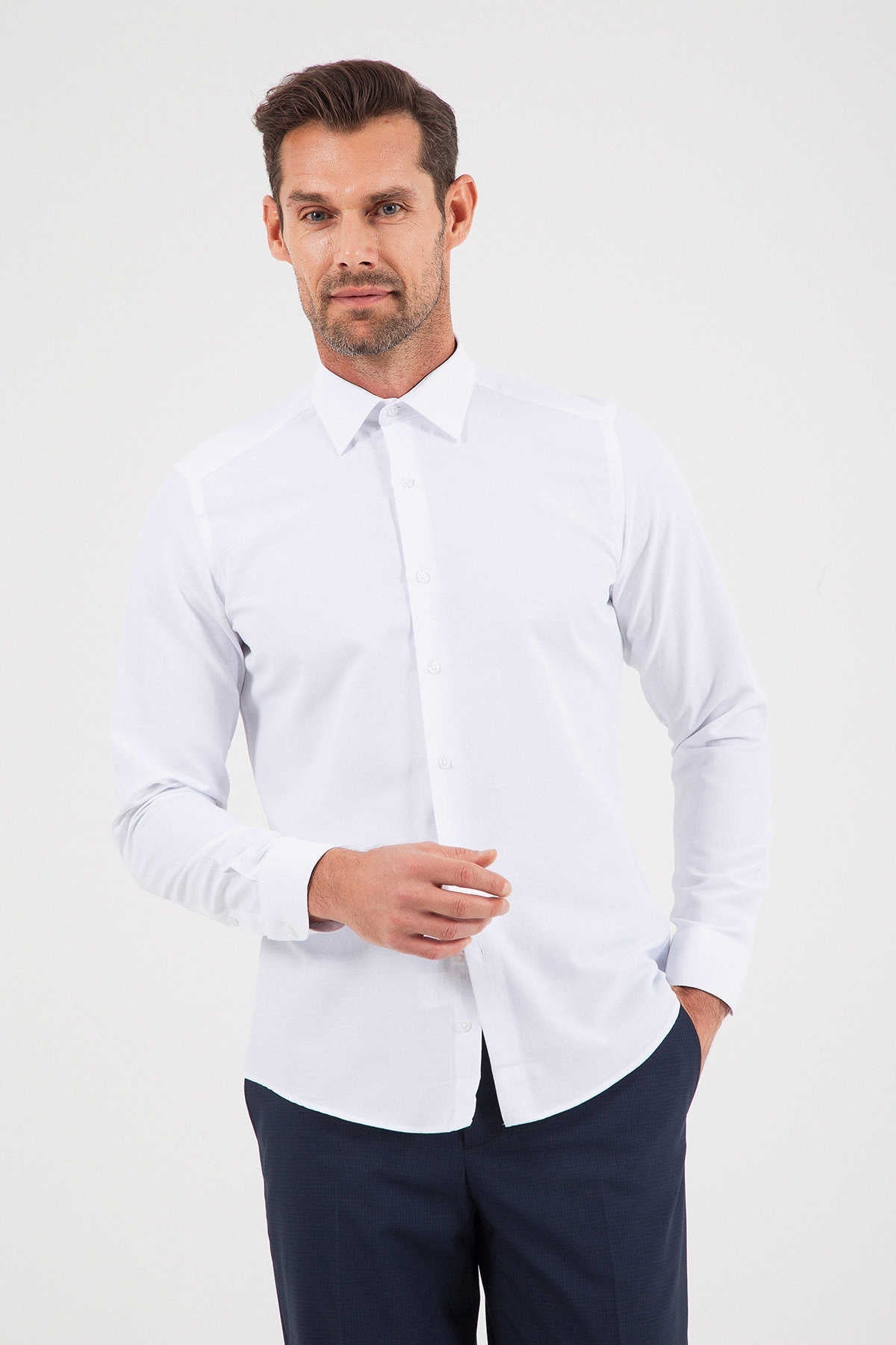 Slim Fit Cotton Blend White Dress Shirt - SAYKI