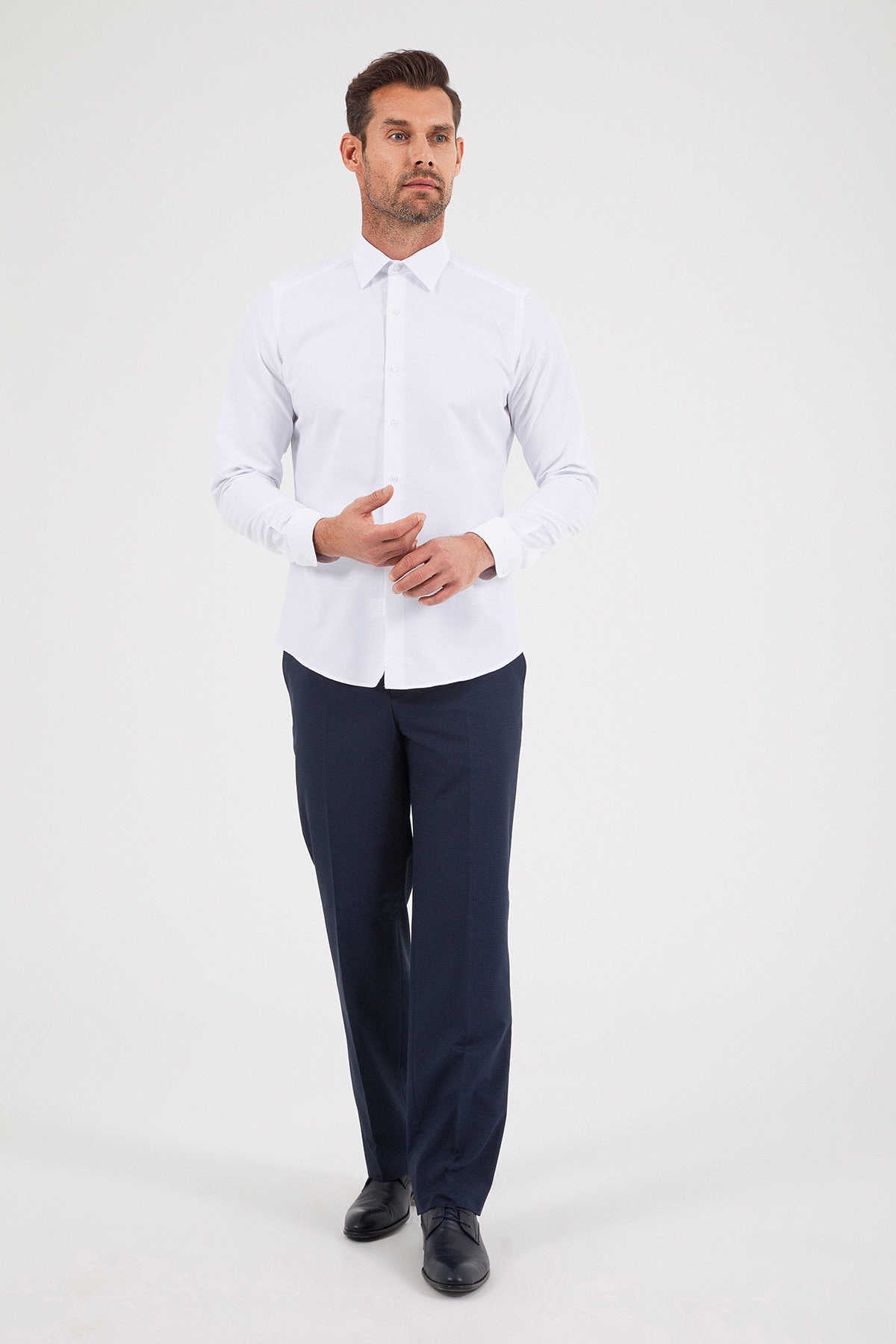 Slim Fit Cotton Blend White Dress Shirt - SAYKI