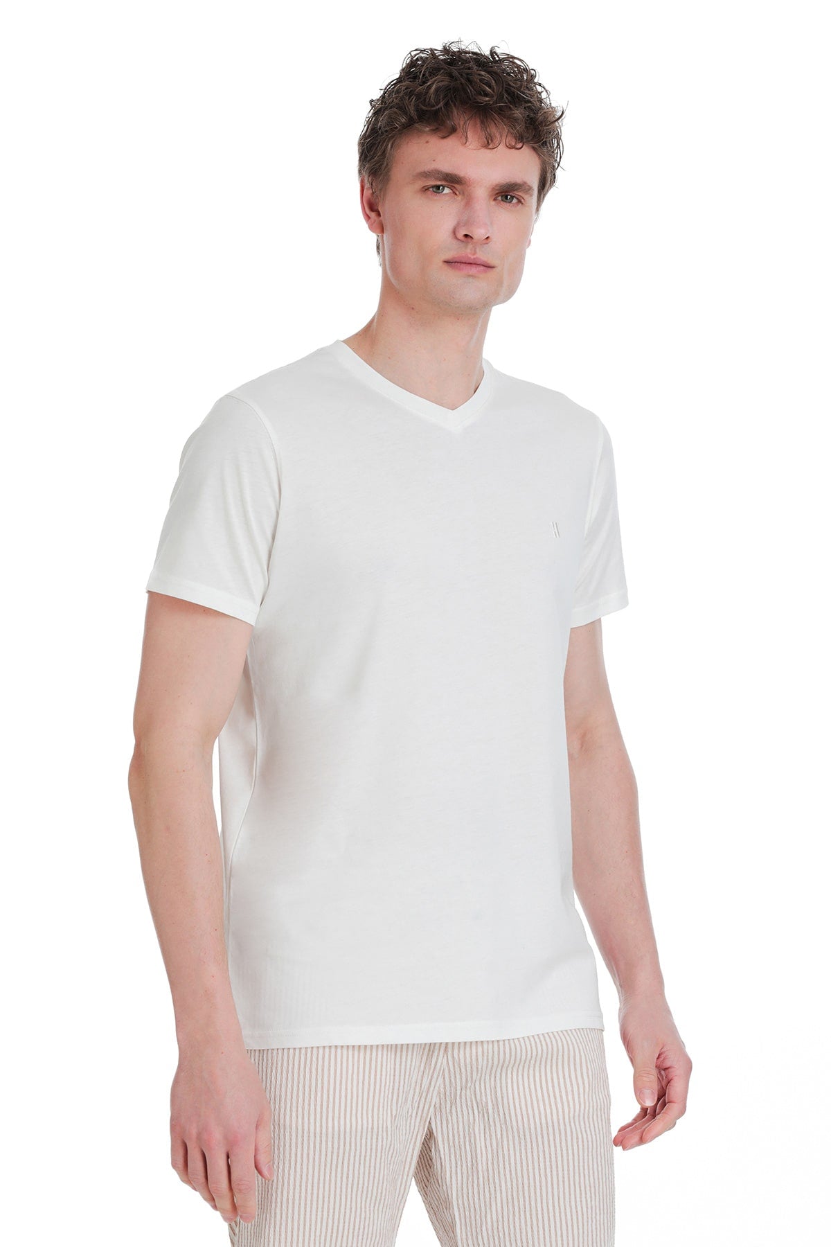 Slim Fit Cotton Ecru V-Neck T-Shirt - SAYKI