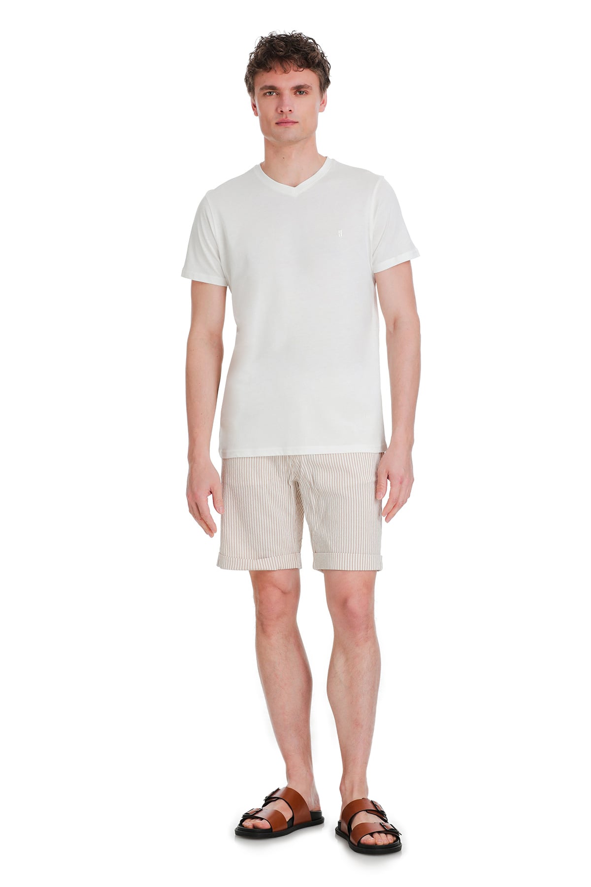 Slim Fit Cotton Ecru V-Neck T-Shirt - SAYKI