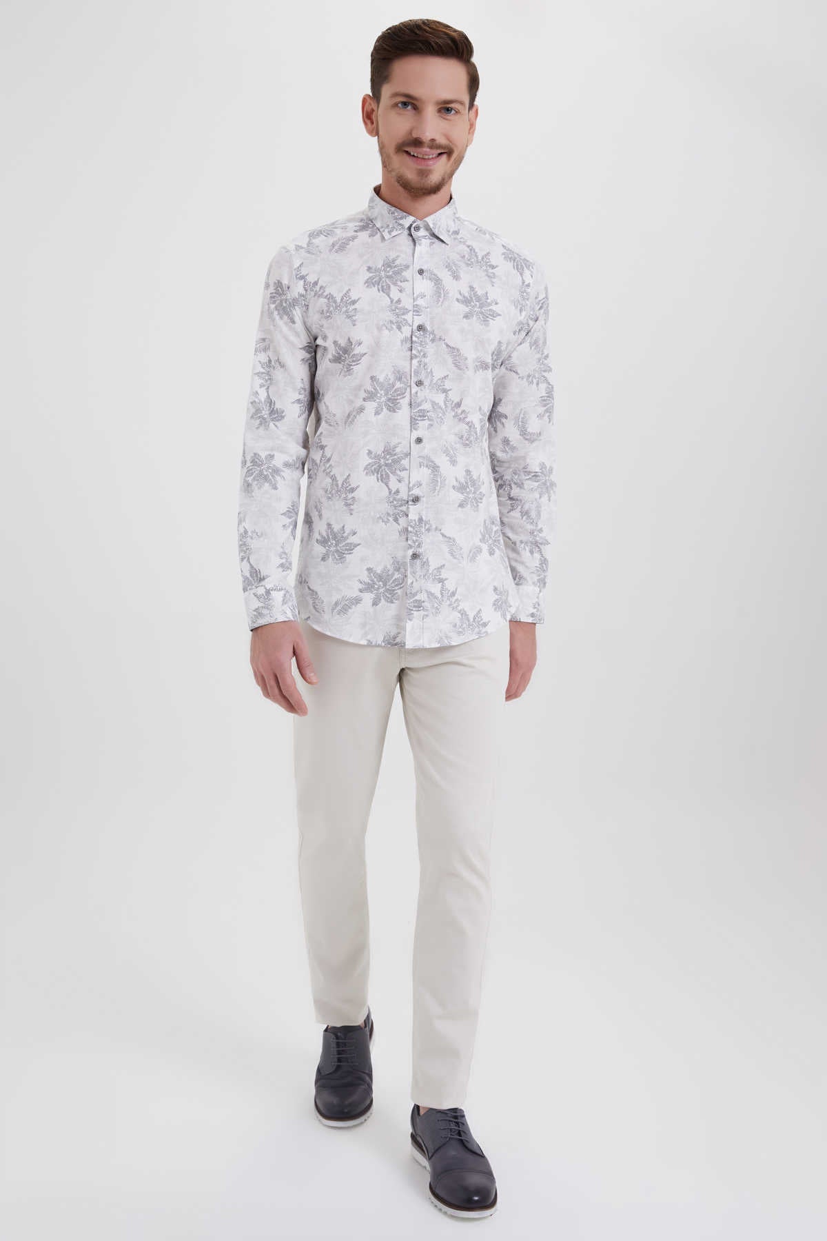 Slim Fit Cotton Gray Floral Printed Casual Shirt - SAYKI