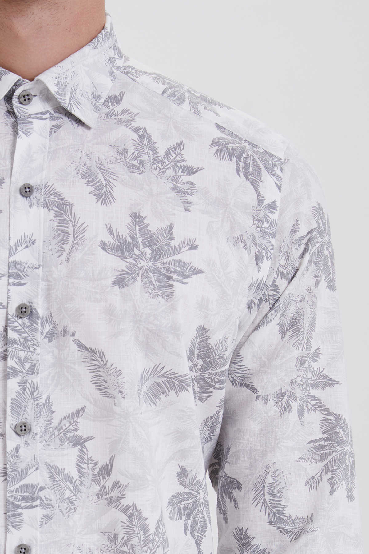 Slim Fit Cotton Gray Floral Printed Casual Shirt - SAYKI