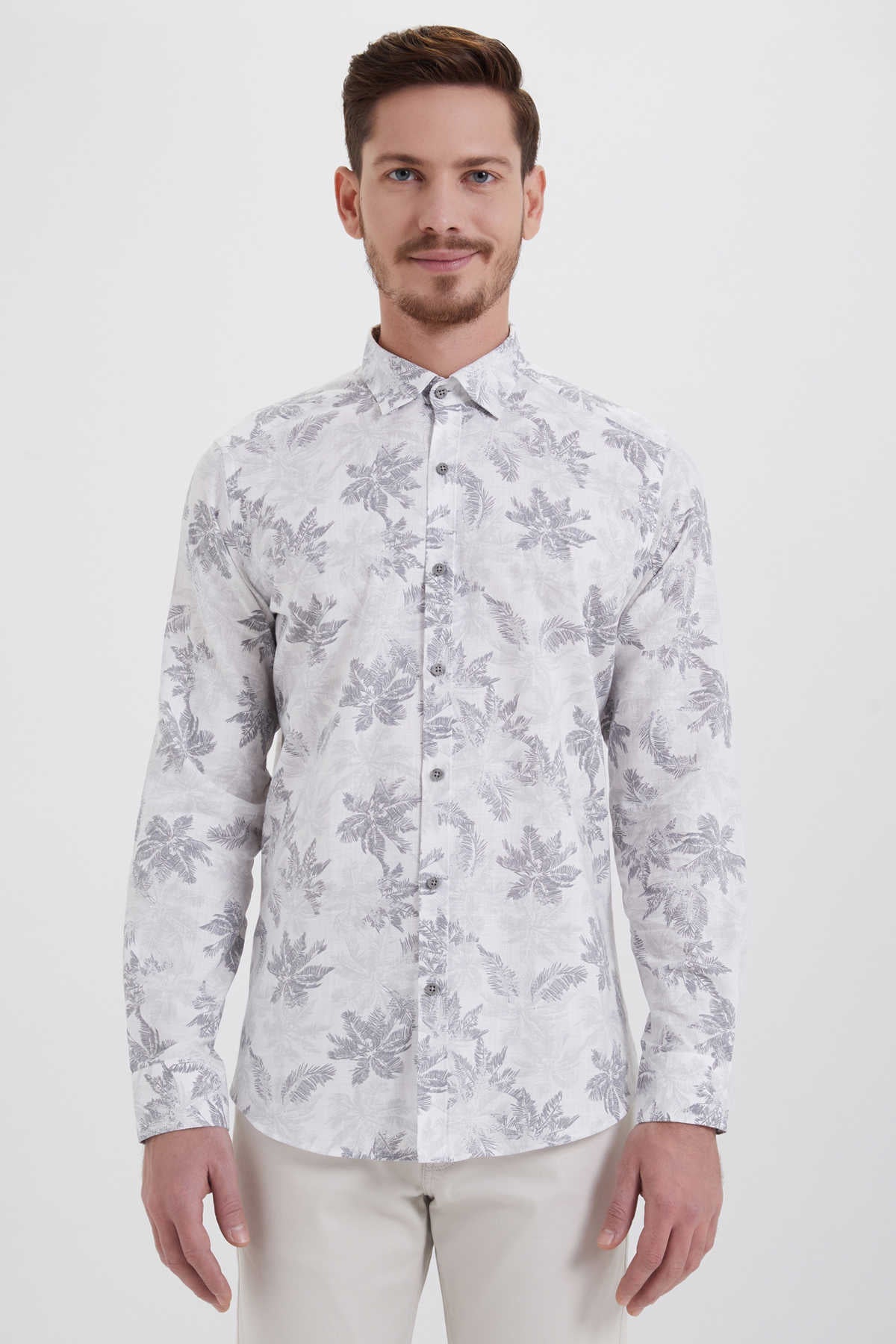 Slim Fit Cotton Gray Floral Printed Casual Shirt - SAYKI