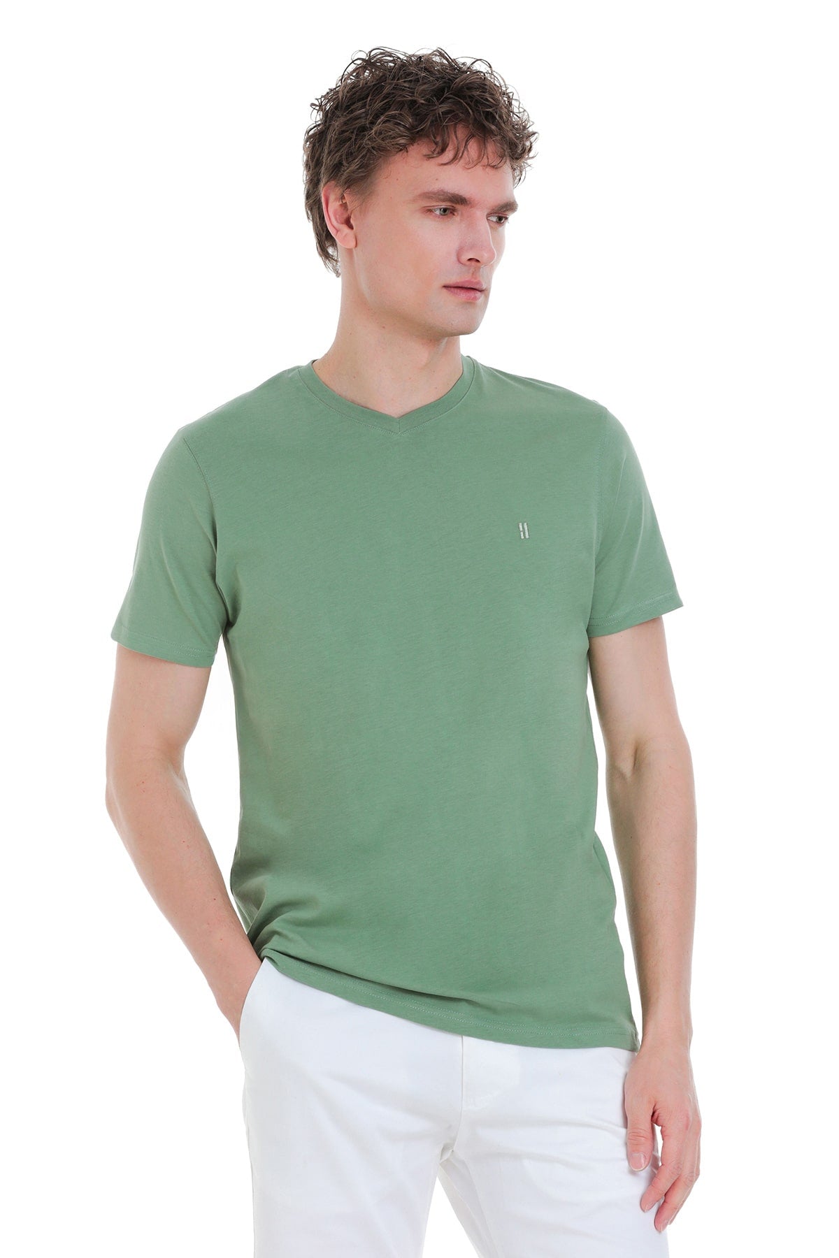 Slim Fit Cotton Green V-Neck T-Shirt - SAYKI