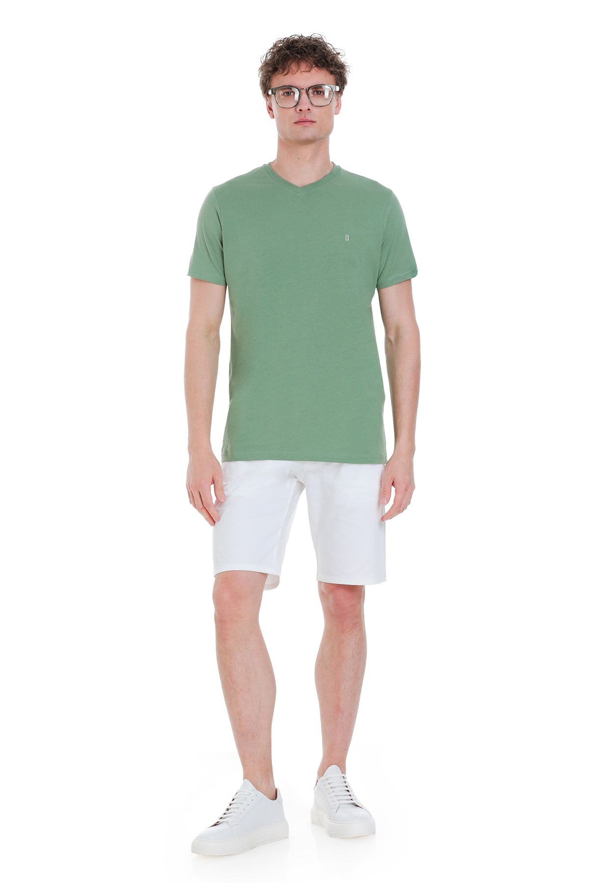 Slim Fit Cotton Green V-Neck T-Shirt - SAYKI