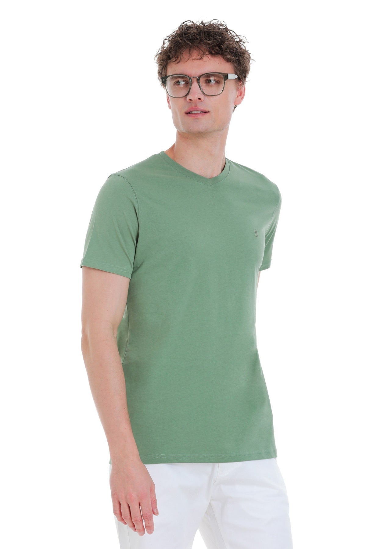 Slim Fit Cotton Green V-Neck T-Shirt - SAYKI