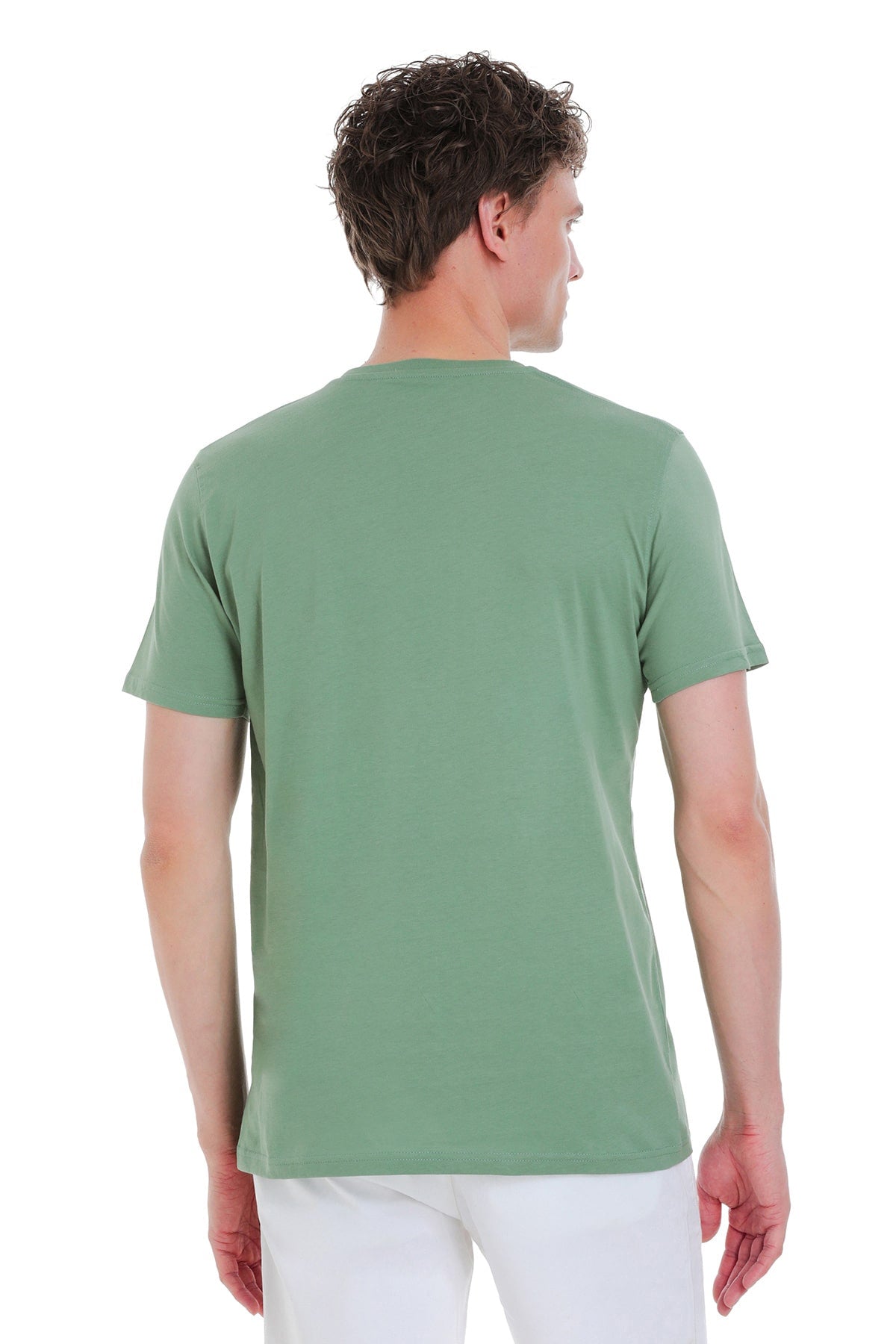 Slim Fit Cotton Green V-Neck T-Shirt - SAYKI