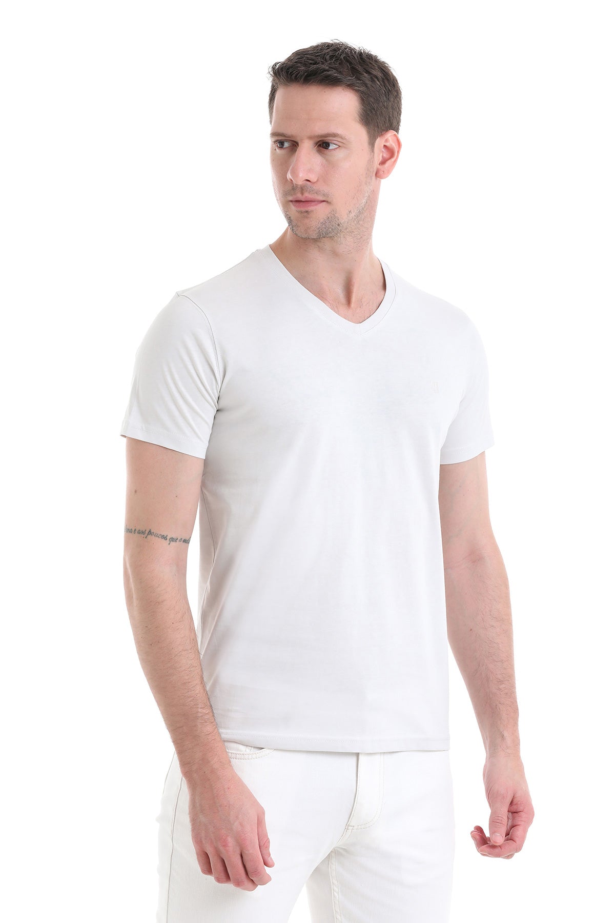 Slim Fit Cotton Light Gray V-Neck T-Shirt - SAYKI