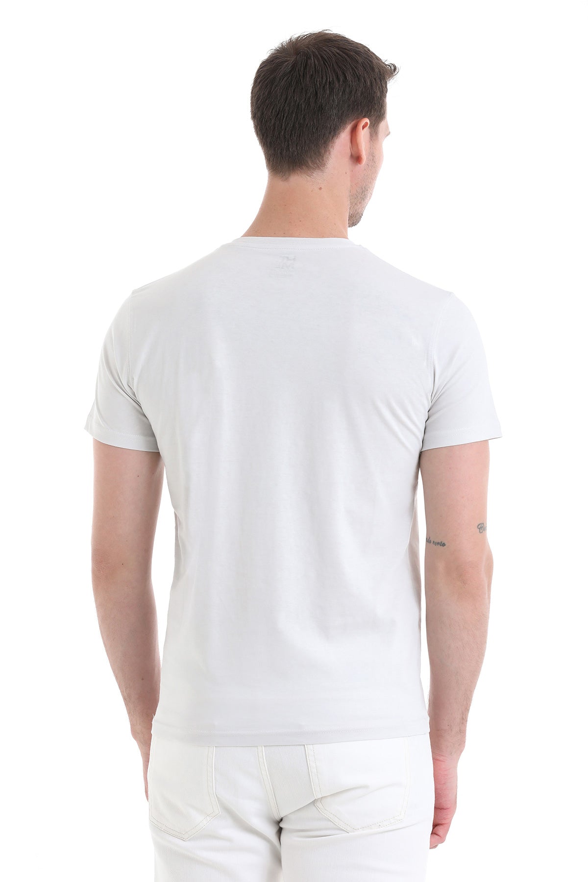 Slim Fit Cotton Light Gray V-Neck T-Shirt - SAYKI