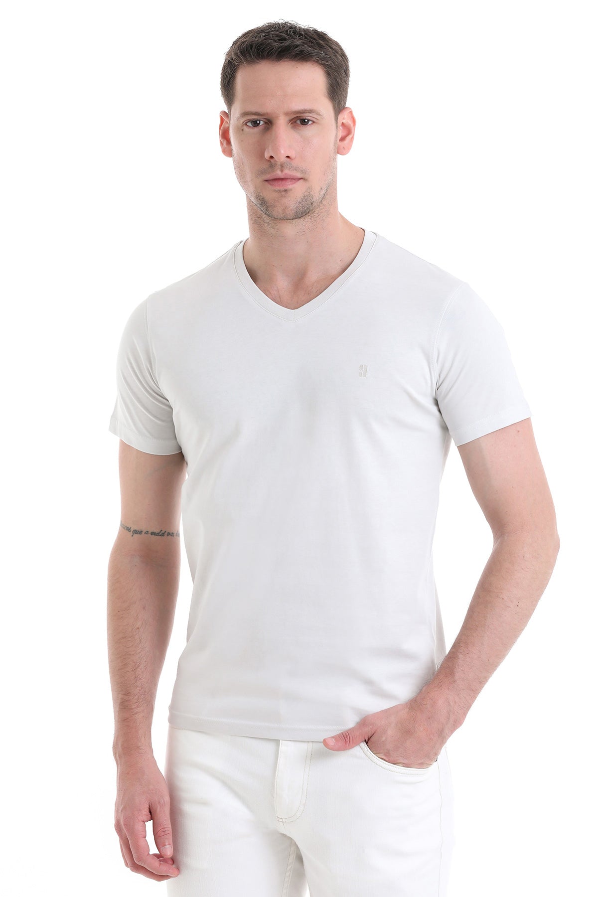Slim Fit Cotton Light Gray V-Neck T-Shirt - SAYKI