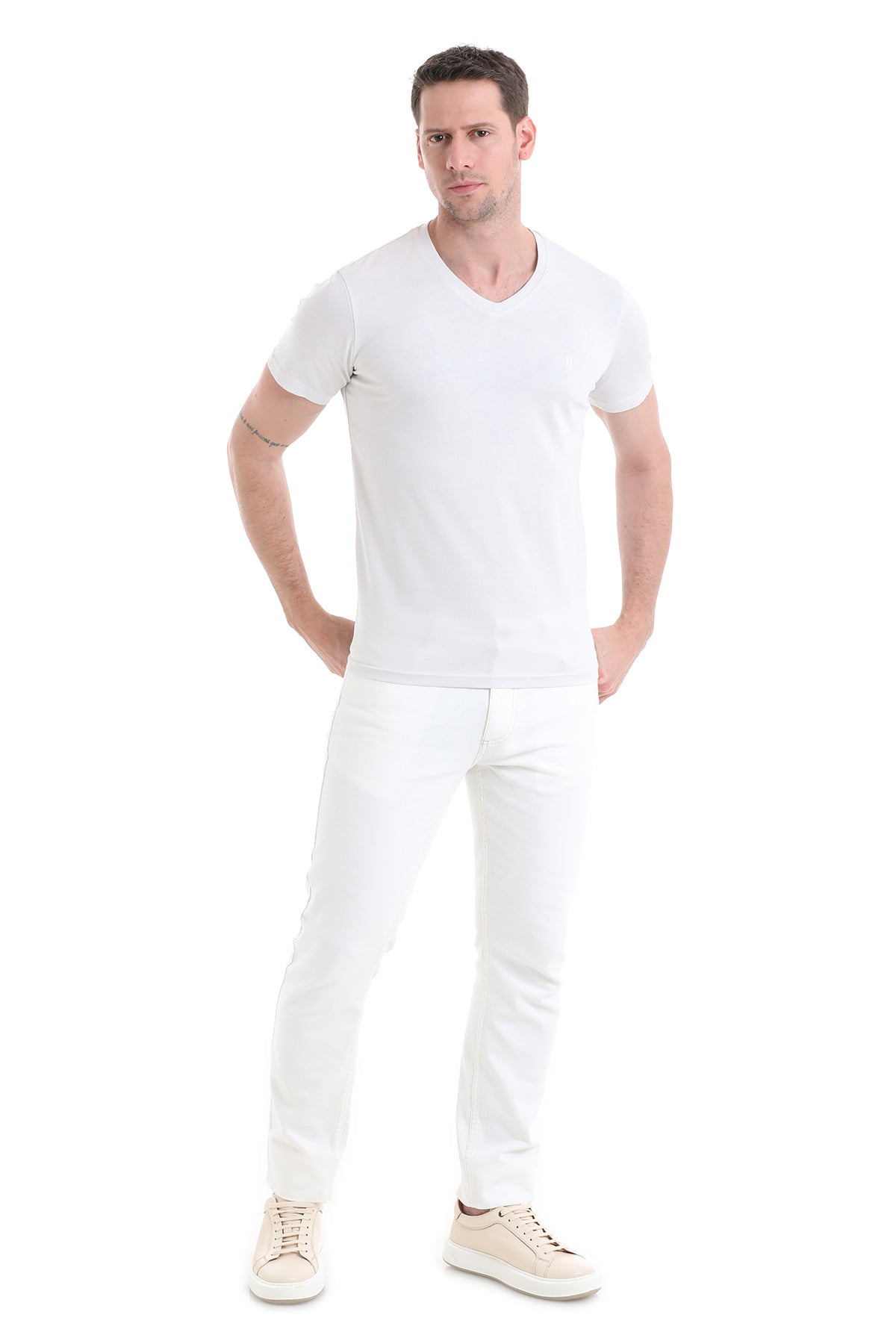 Slim Fit Cotton Light Gray V-Neck T-Shirt - SAYKI