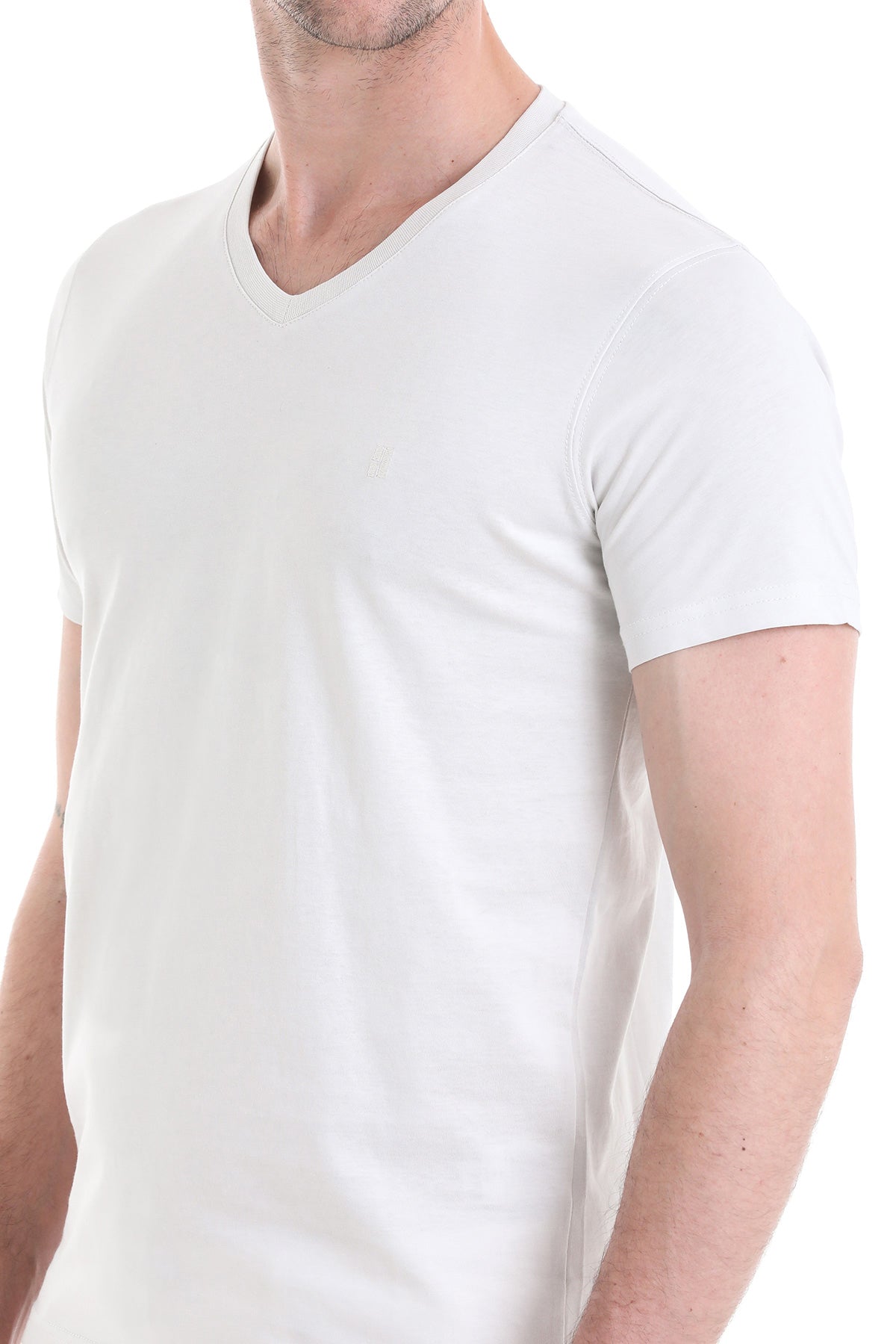 Slim Fit Cotton Light Gray V-Neck T-Shirt - SAYKI