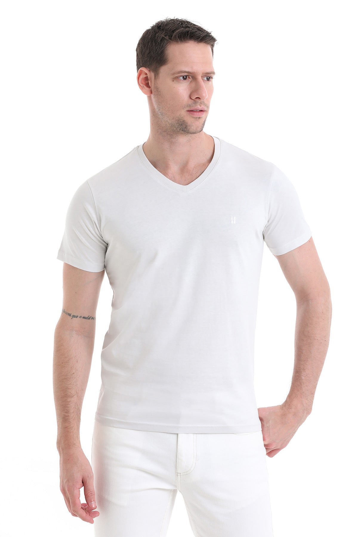 Slim Fit Cotton Light Gray V-Neck T-Shirt - SAYKI