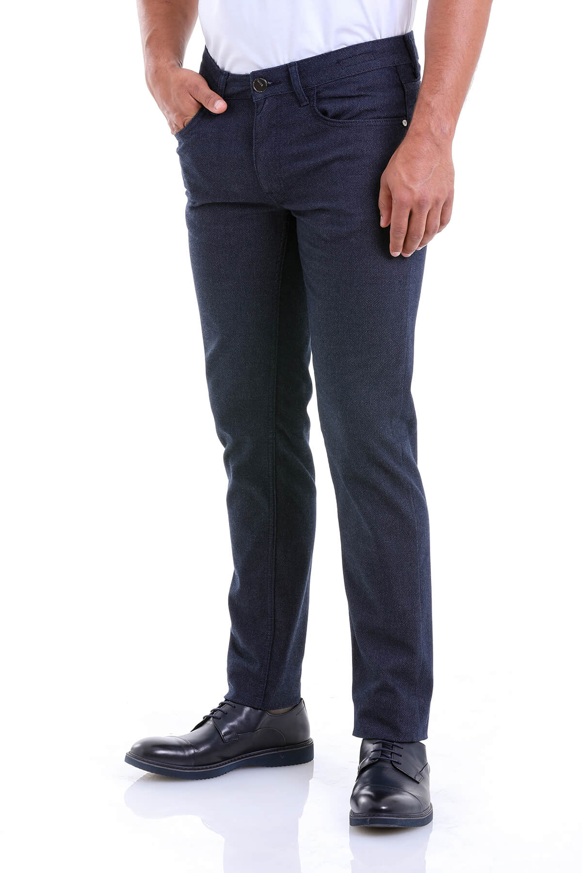 Slim Fit Cotton Low Waist 5 Pocket Navy Casual Pants - SAYKI