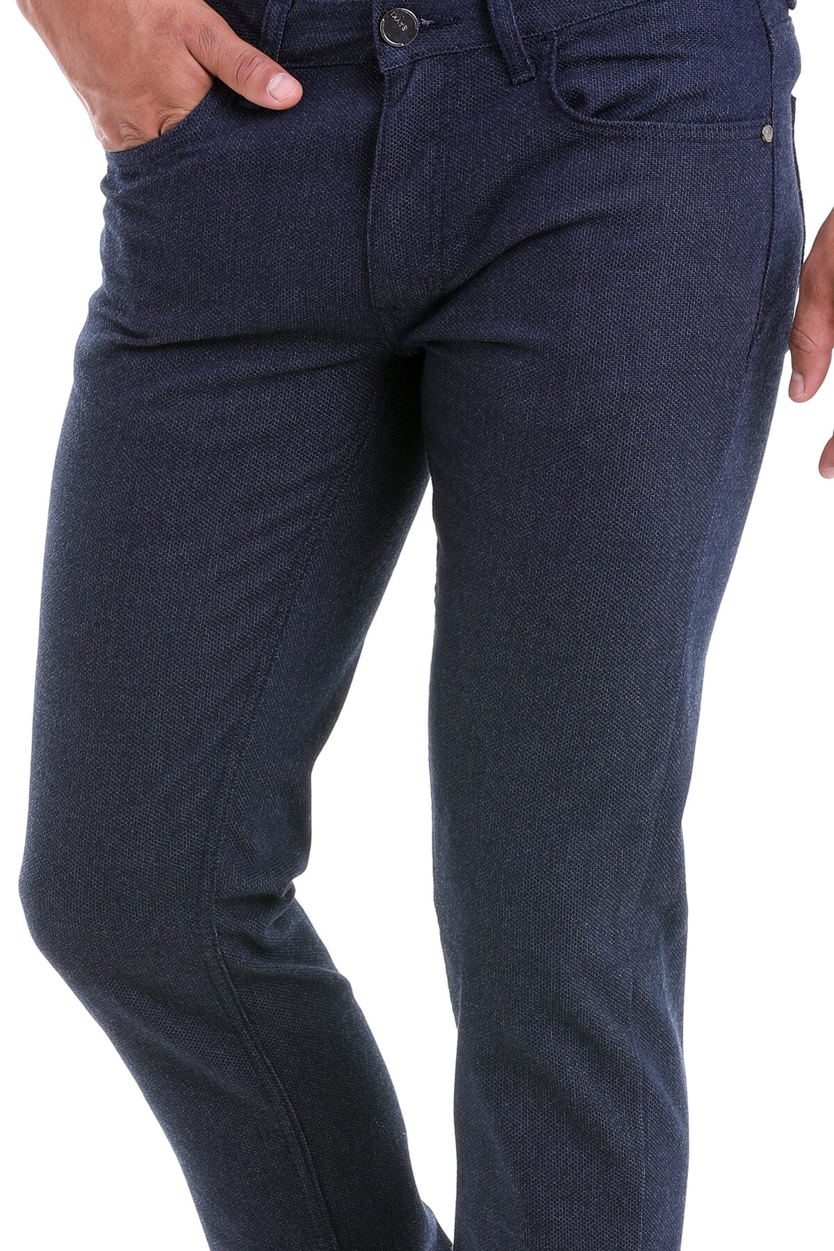 Slim Fit Cotton Low Waist 5 Pocket Navy Casual Pants - SAYKI