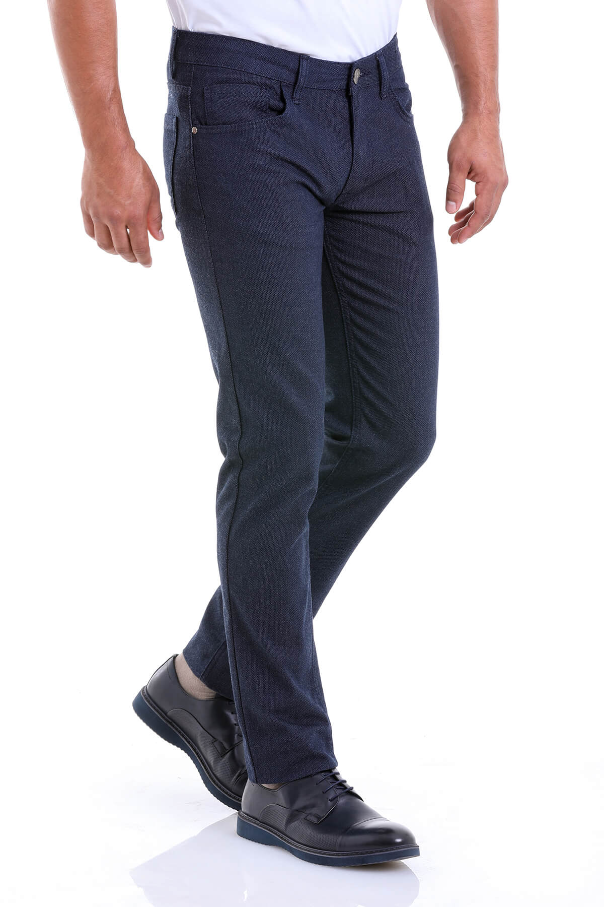 Slim Fit Cotton Low Waist 5 Pocket Navy Casual Pants - SAYKI