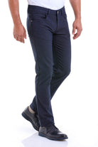 Slim Fit Cotton Low Waist 5 Pocket Navy Casual Pants - SAYKI