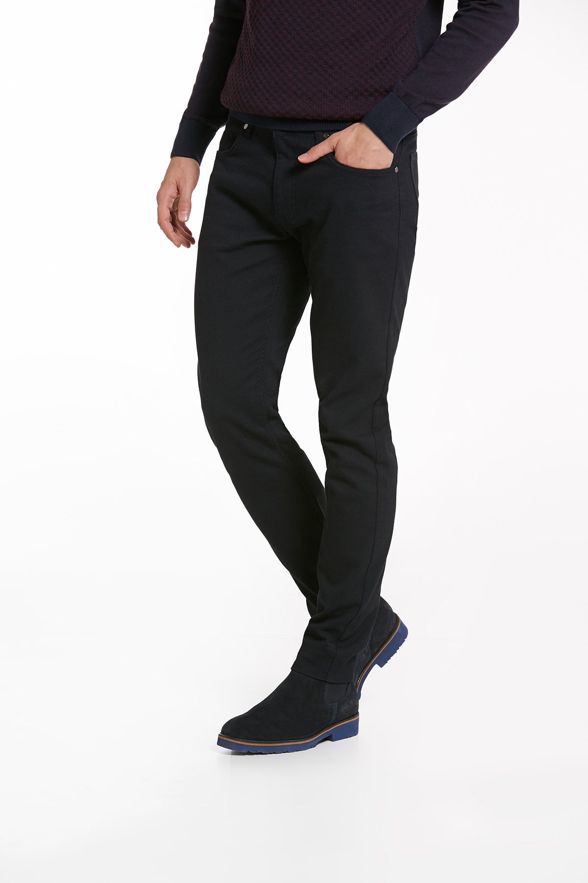 Slim Fit Cotton Low Waist Navy Casual Pants - SAYKI