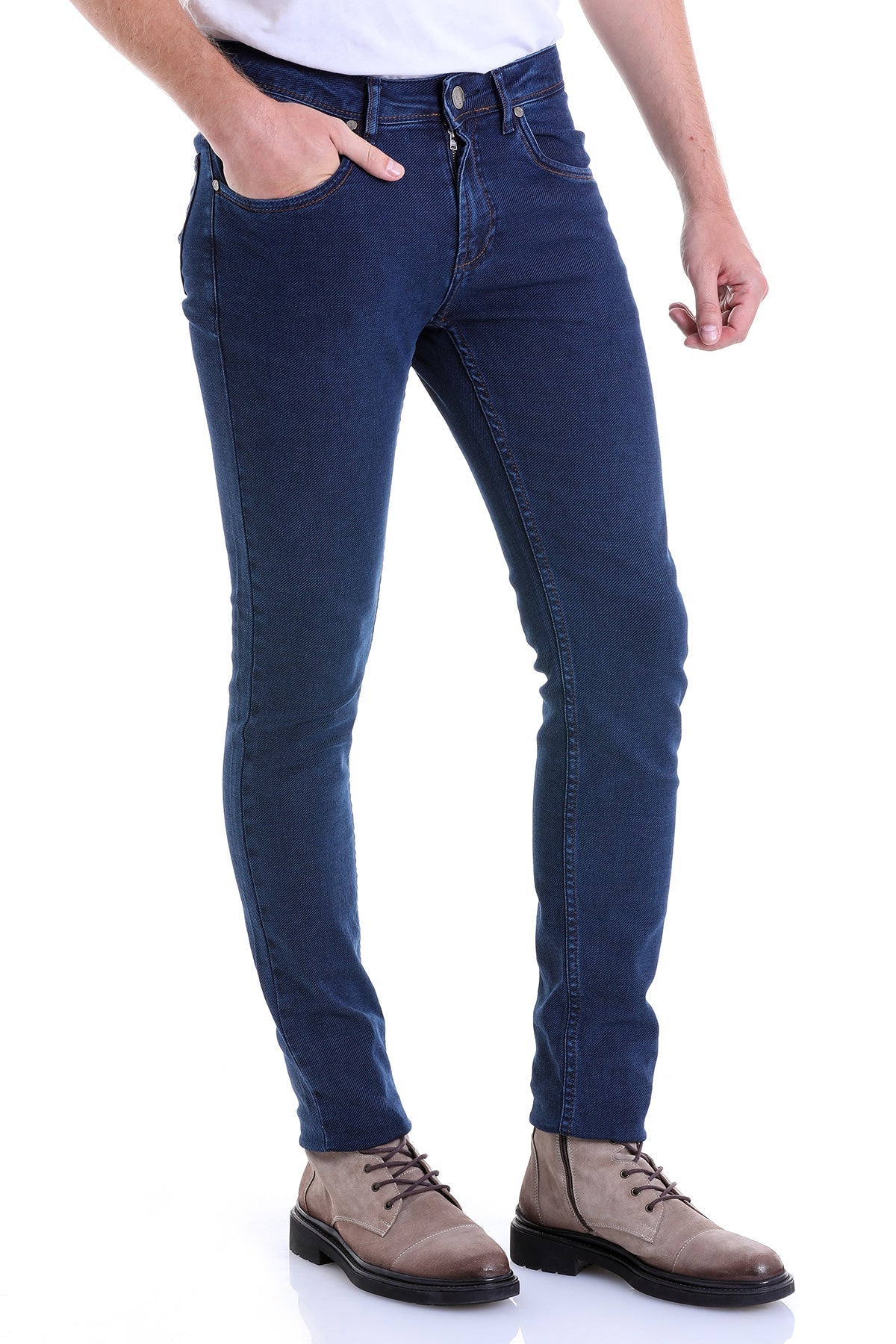 Dark blue slim-fit denim jeans with classic stitching and a button fly.