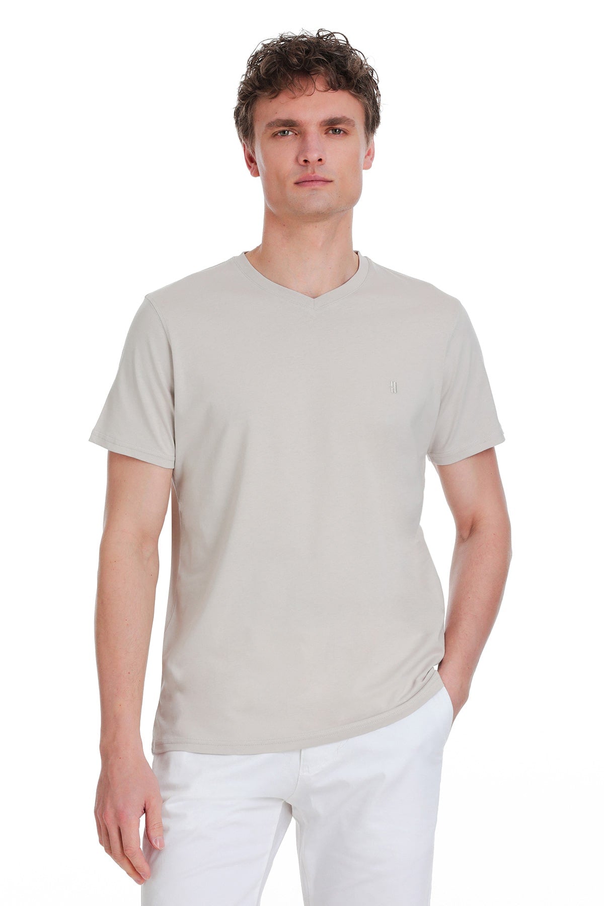 Slim Fit Cotton Stone V-Neck T-Shirt - SAYKI