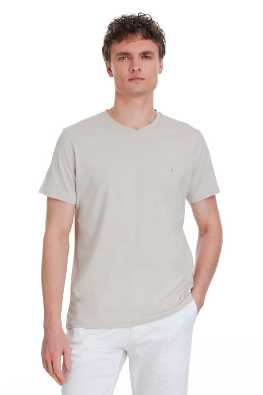 Beige v-neck cotton t-shirt with a small embroidered logo on the left chest.