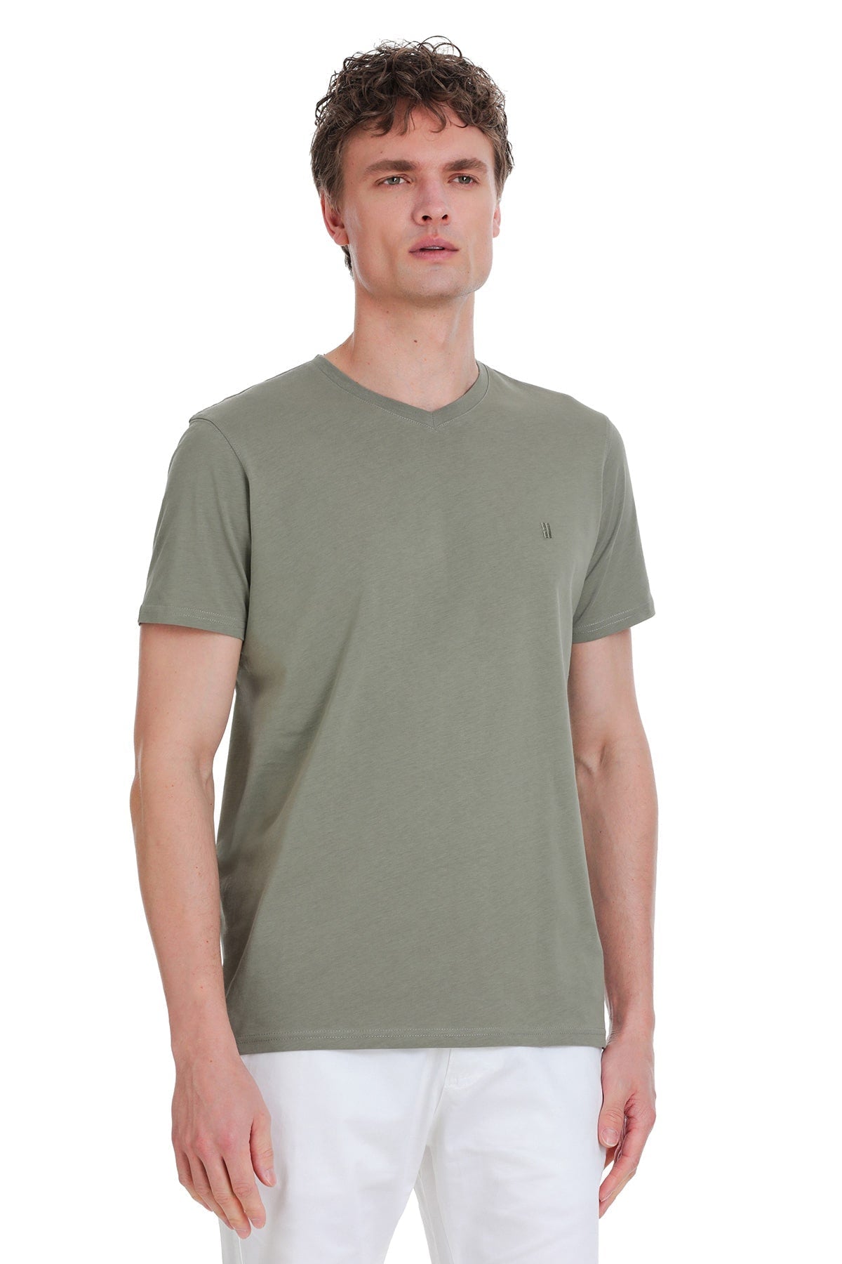 Slim Fit Cotton Vetiver Gray V-Neck T-Shirt - SAYKI