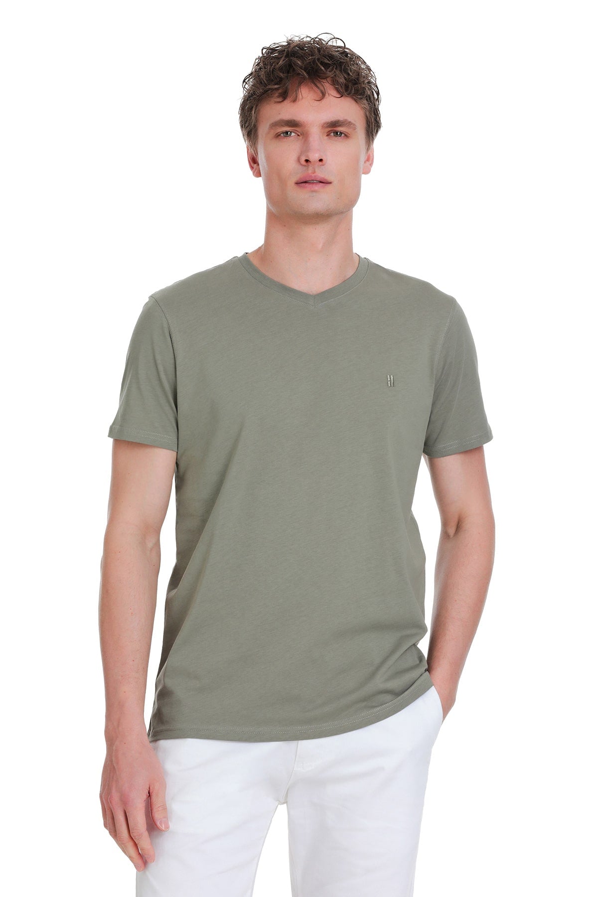 Slim Fit Cotton Vetiver Gray V-Neck T-Shirt - SAYKI