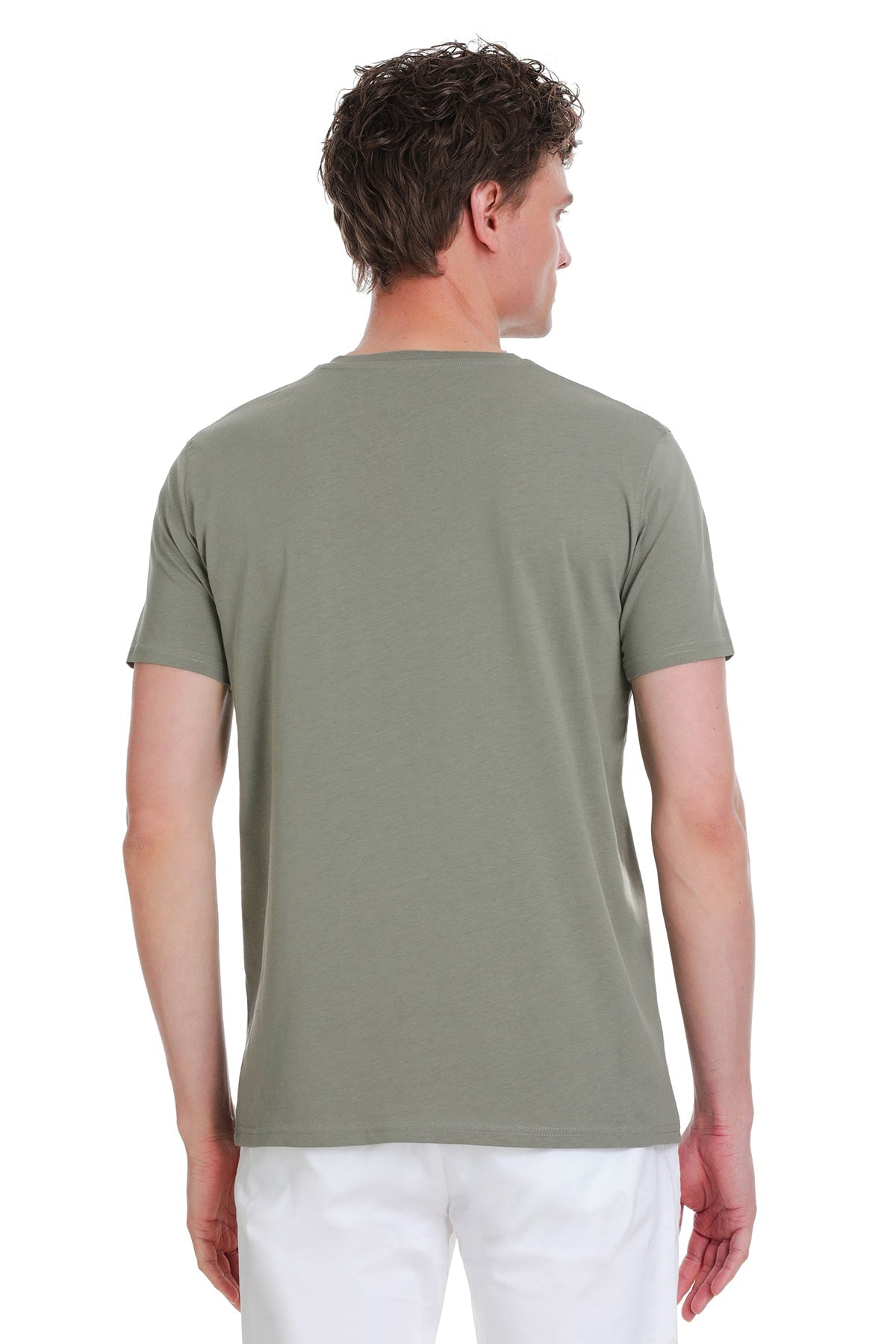 Slim Fit Cotton Vetiver Gray V-Neck T-Shirt - SAYKI