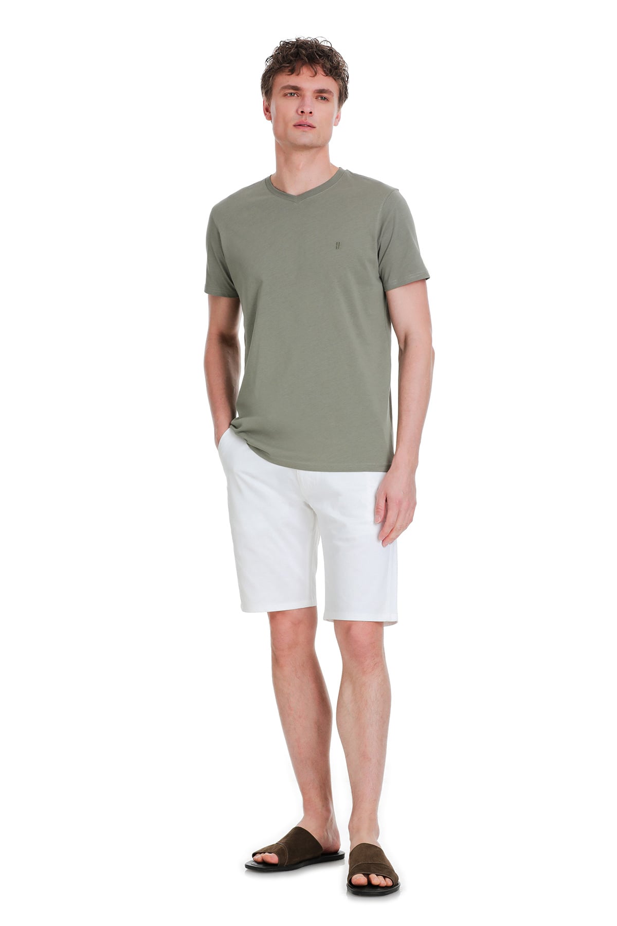 Slim Fit Cotton Vetiver Gray V-Neck T-Shirt - SAYKI