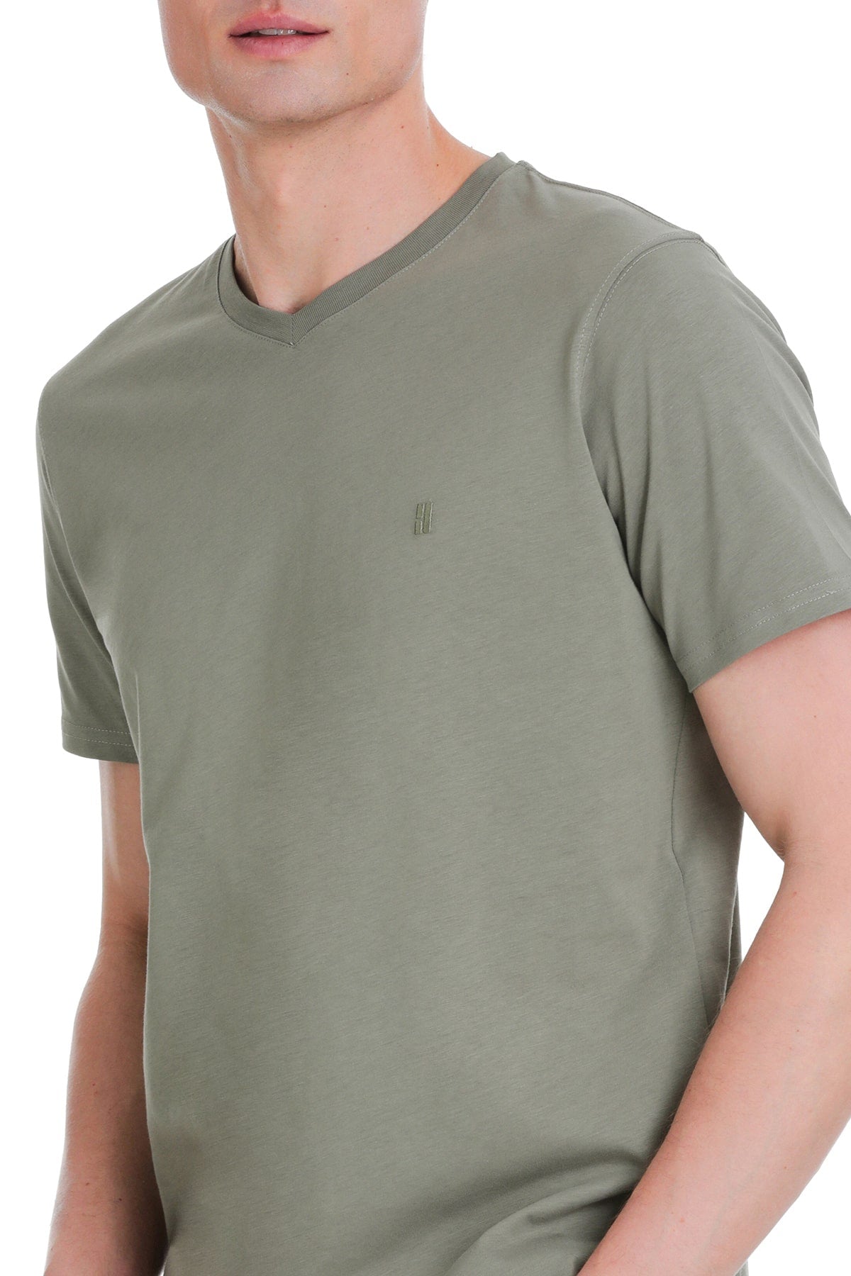 Slim Fit Cotton Vetiver Gray V-Neck T-Shirt - SAYKI